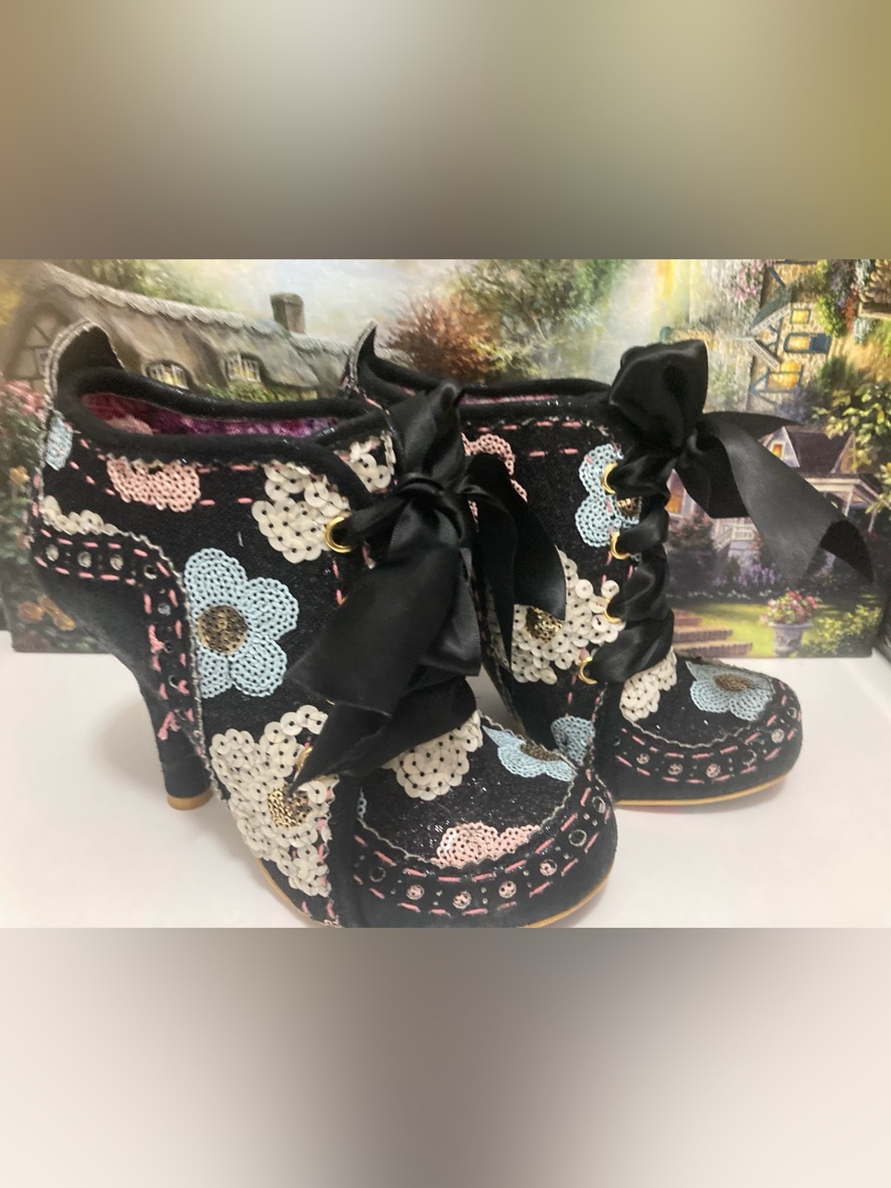 Irregular Choice Black Floral Bow Ankle Boots